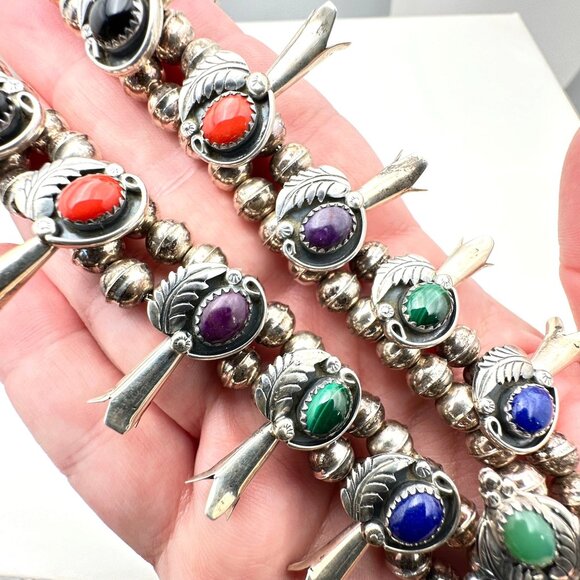 Native American M Haley Sterling Silver Gemstone Squash Blossom Necklace 100 GMS - Picture 7 of 15